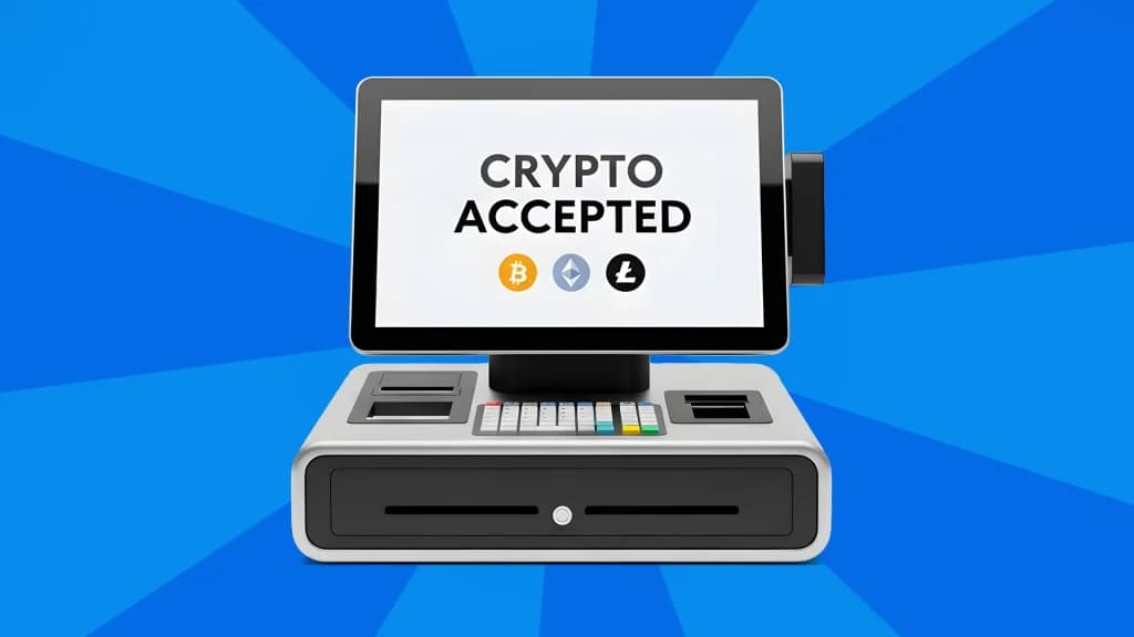 “Crypto Accepted” is displayed on a white computer monitor, sitting on a blue background.