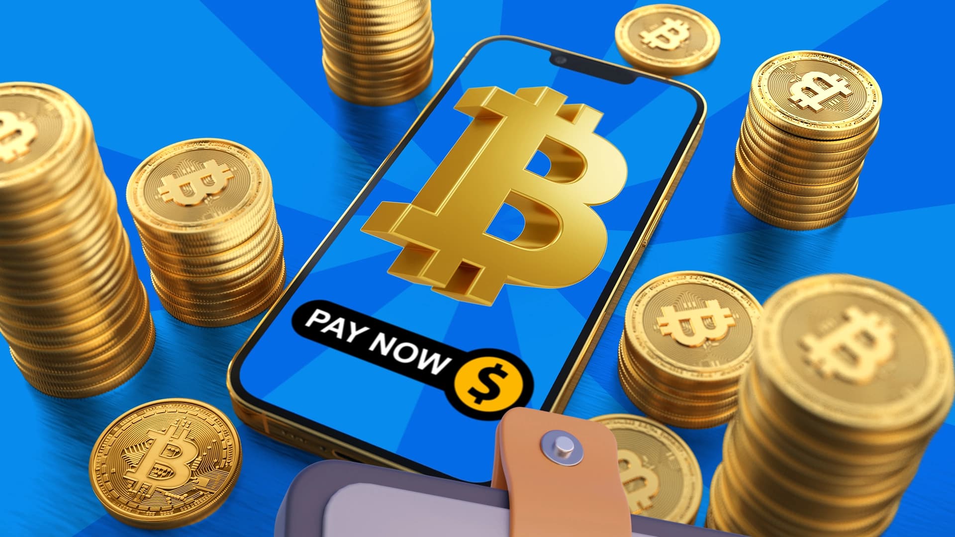 A phone showing the B for Bitcoin lies on a blue background, with stacks of gold Bitcoins surrounding it.