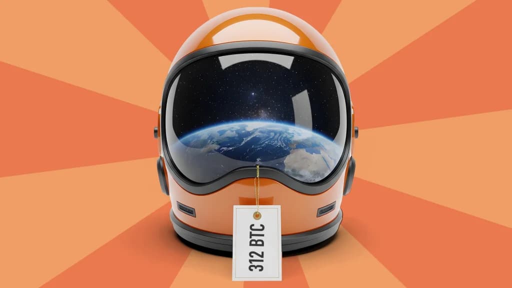 an astronaut's helmet with the earth's hemisphere reflected in the glass and a 321 BTC price tag