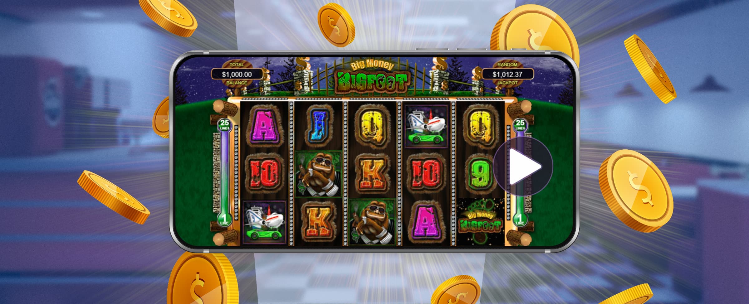A mobile phone shows Cafe Casino’s Big Money Bigfoot slot game in action, featuring its reels and symbols, surrounded by gold coins