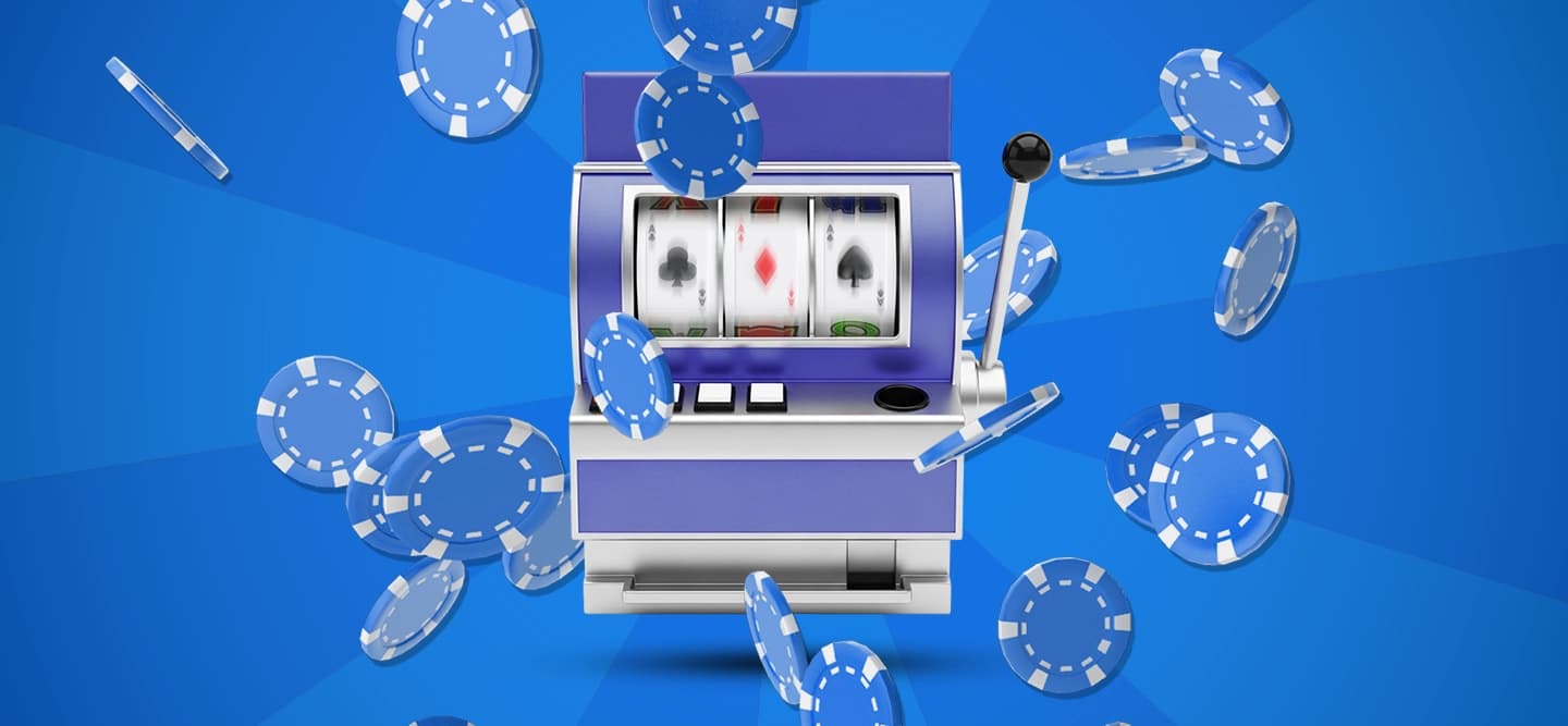 Purple slot machine on a blue background with blue poker chips falling around it.