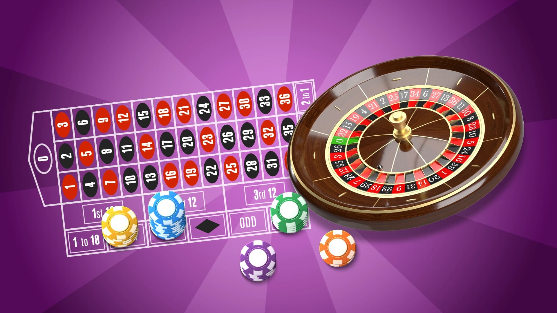 On a purple image, a roulette wheel spins to the right of a roulette betting table, which has five stacks of differently colored chips toward the bottom.
