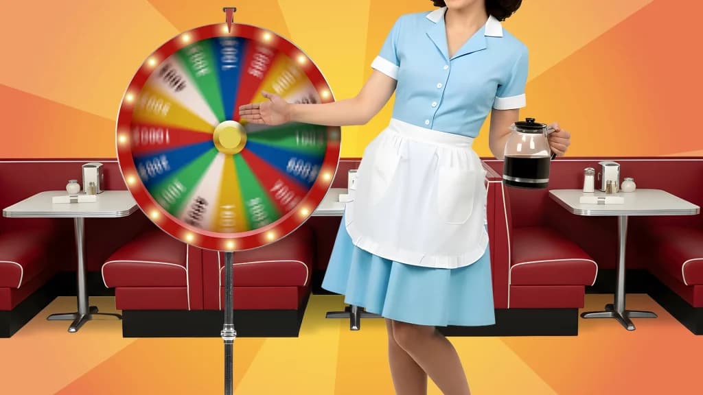 On a golden background, a waitress in a blue uniform and white apron points to a spinning wheel. Behind her are multiple red diner booths with condiments. 