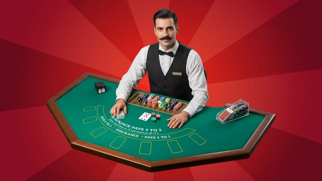 A blackjack dealer with a slick mustache and black vest deals cards at a green-felt blackjack table on a red background. 