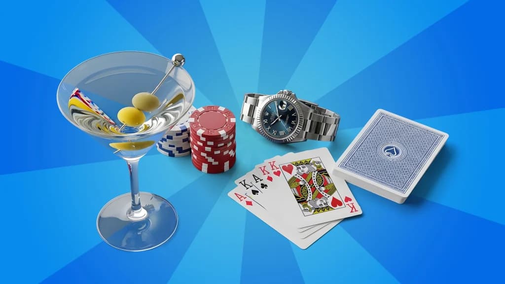 On a blue background, betting chips, playing cards, a Rolex watch, and a dirty martini are situated throughout.