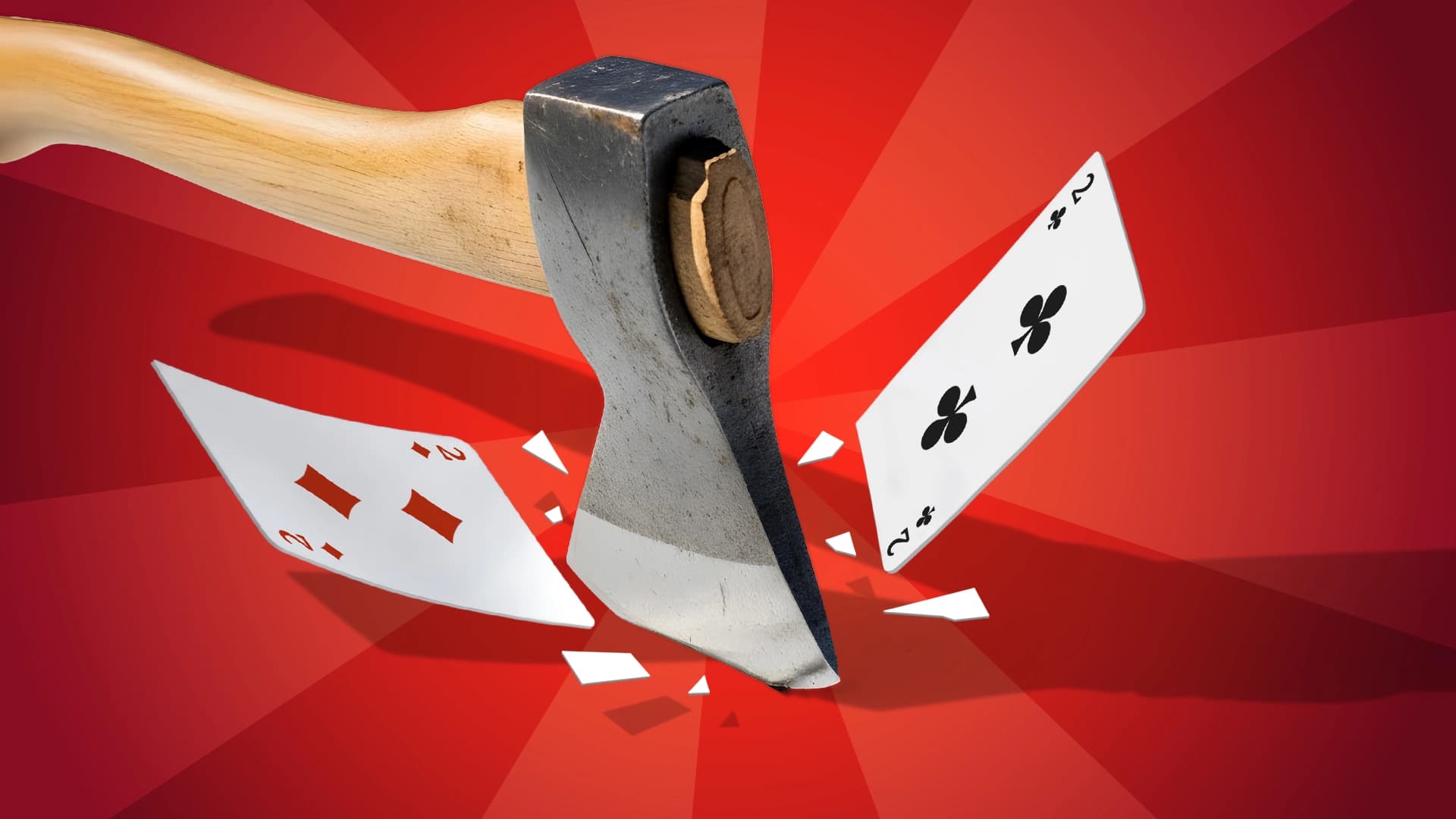 An axe slices through a red and black two on a red background.