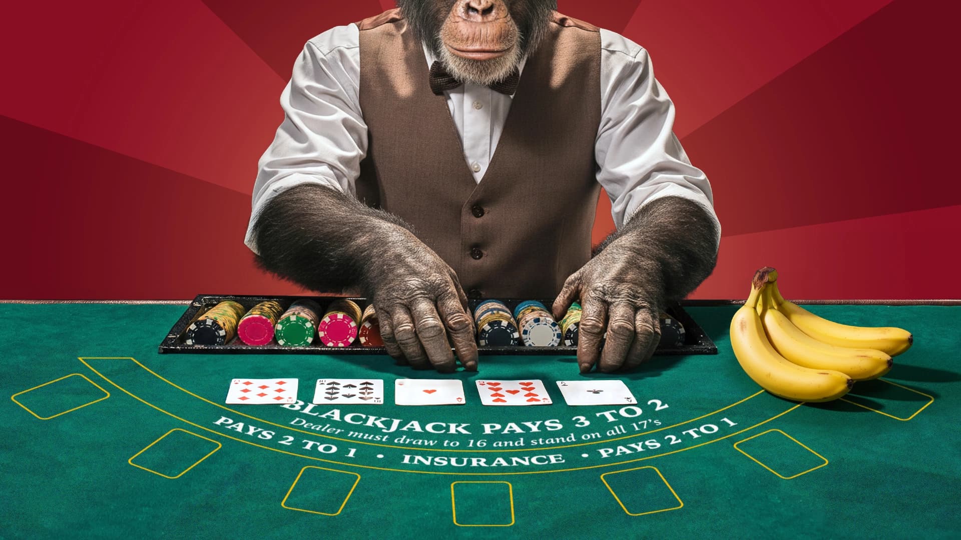 An ape deals cards at a blackjack table with a red background.