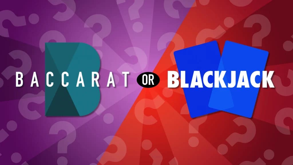 Baccarat is written on a purple background, and on the other side of the image, Blackjack is written on a red background. 