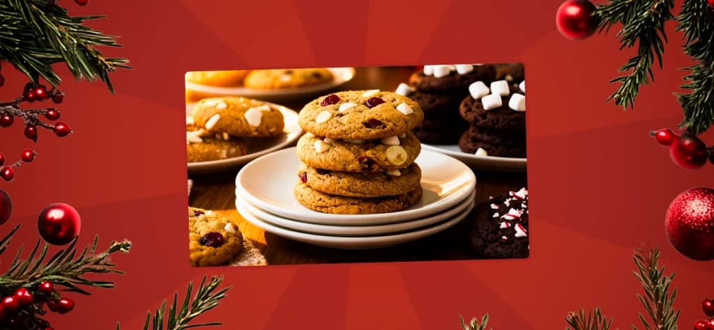 White chocolate and cranberry cookies sit on a plate on a red background with christmas tree branches around the corners of the image