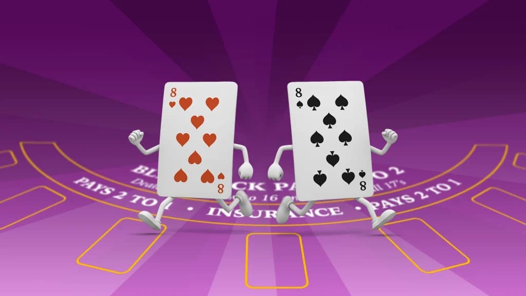 On a faded purple background, two 8 playing cards run in opposite directions on a blackjack table. 