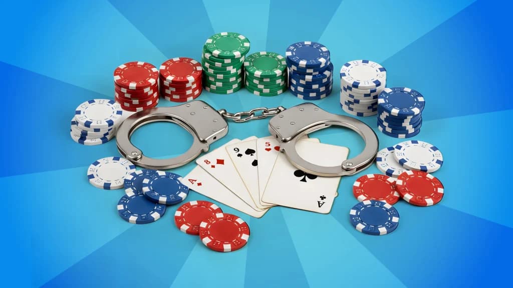 Various stacks of betting chips surround a pair of handcuffs and five playing cards on a blue background. 