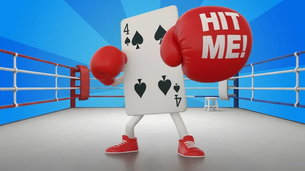 A four of spades playing card is in the center of a boxing ring, punching with a red boxing glove that says, “Hit me!”