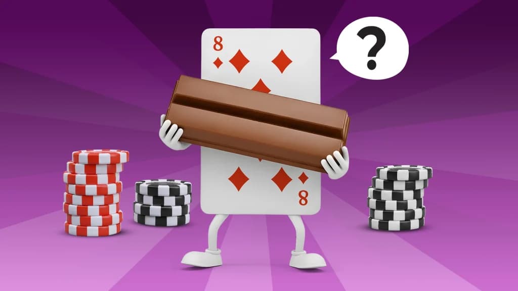 An 8 playing card holds a candy bar, with a question mark thought bubble on its top right. Behind it are stacks of red and black chips on a faded purple background. 