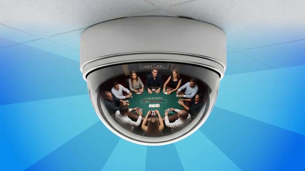 The “Eye in the Sky” surveillance camera reflects multiple players at a casino table