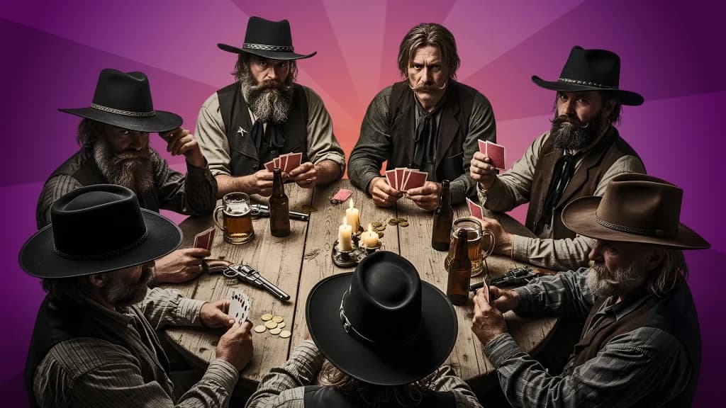 Seven Wild-West type men sit in a circle around a wooden table playing cards, weapons scattered about. 