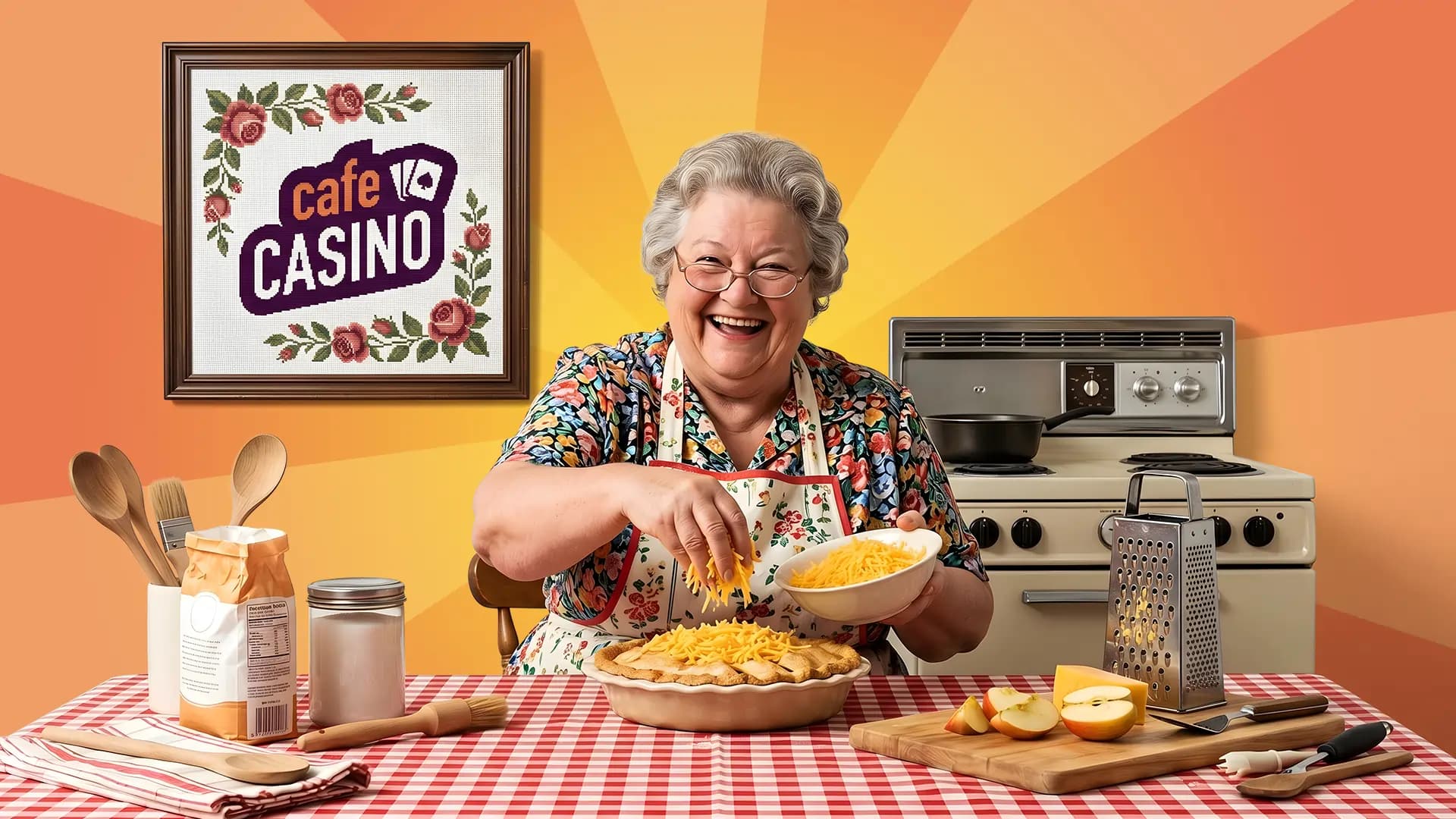 A joyful old lady sprinkles cheddar cheese on her apple pie in her homey kitchen. A framed picture behind her says “Cafe Casino.”