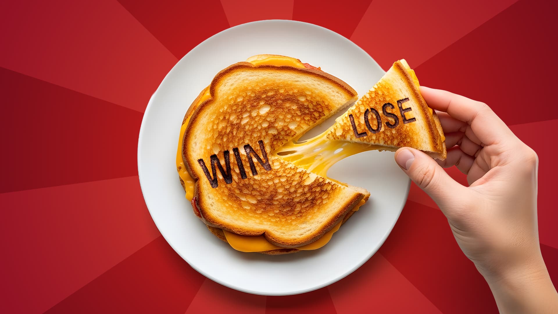 Cheese stretches from a grilled cheese sandwich, as a hand pulls it out. The sandwich says “win” and “lose.”