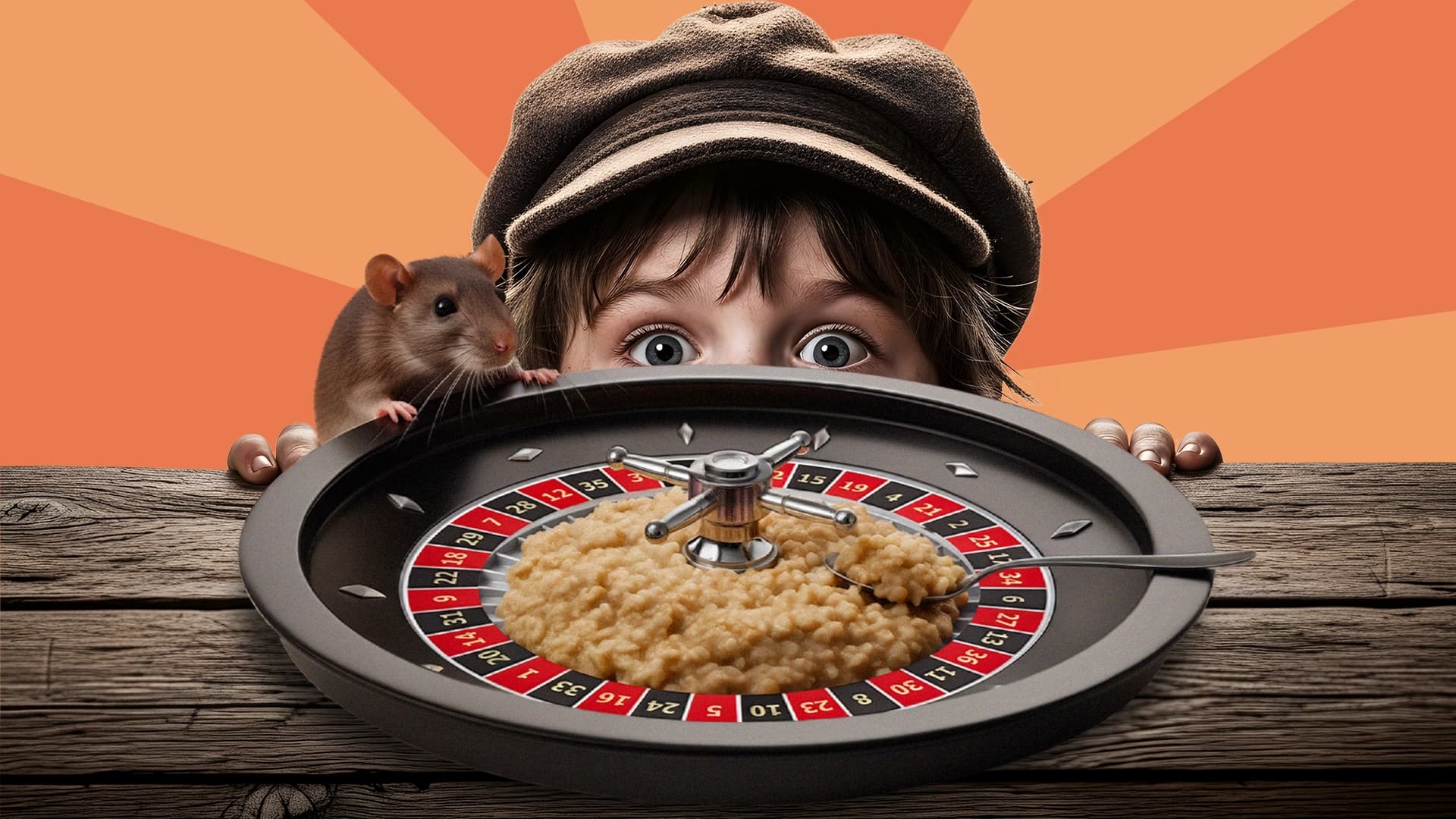 A young orphan boy and a mouse peer over a wooden table at a roulette wheel shaped like a bowl with porridge inside.