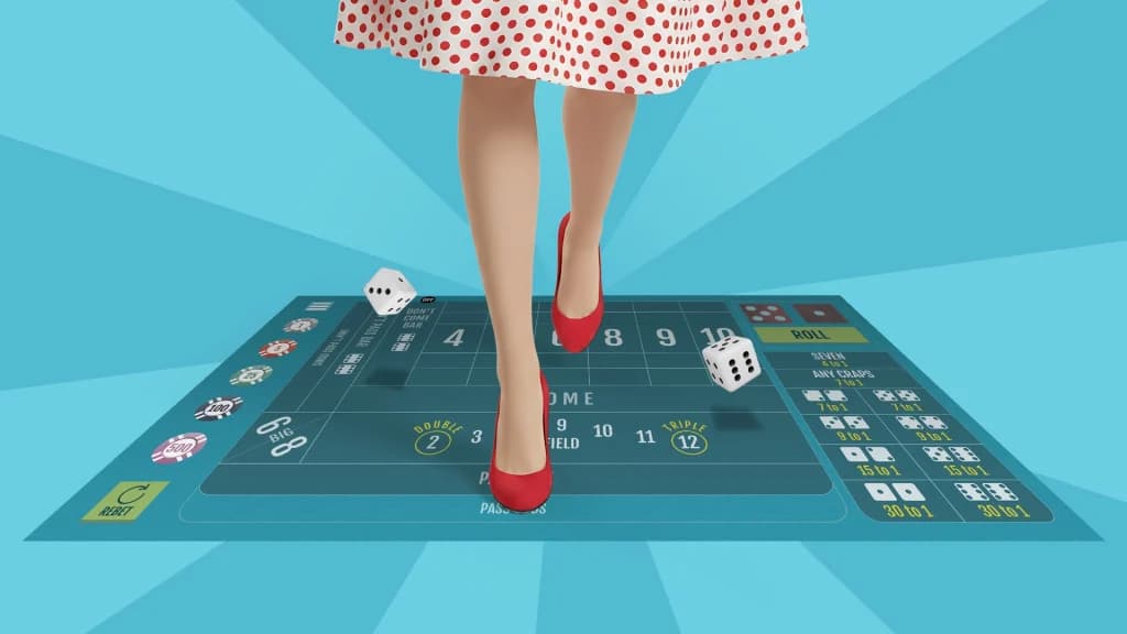 A pair of red pointy shoes steps delicately over a craps board on a light blue background. 