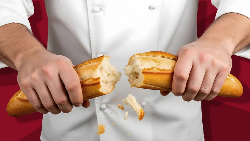 A chef in a white coat breaks a baguette in half on a dark red background. 