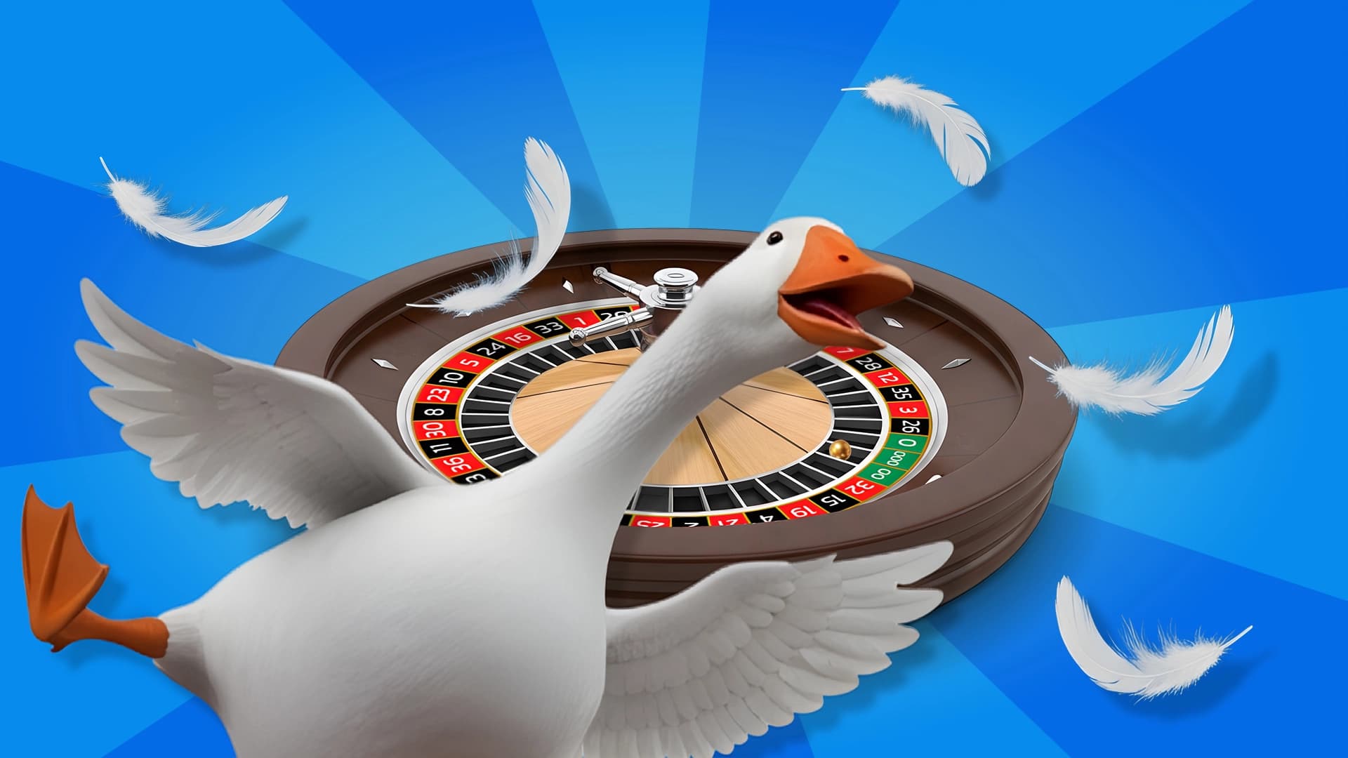 A goose is on the loose on a blue background with a roulette wheel behind it. Feathers fly everywhere as it waddles over the foreground.