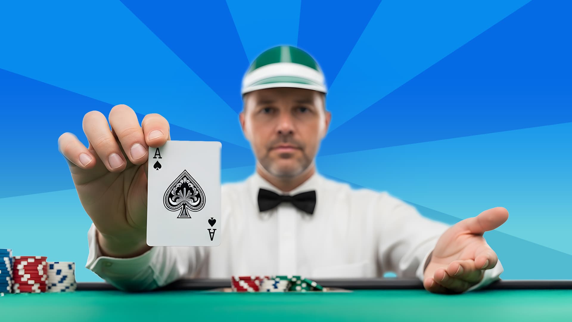 A blackjack dealer at a green felt table against a blue background reveals an ace.