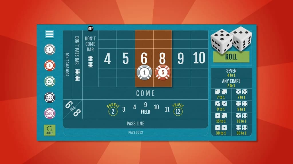 A craps betting table demonstrates how to place a ‘place’ bet on 6 and 8. 