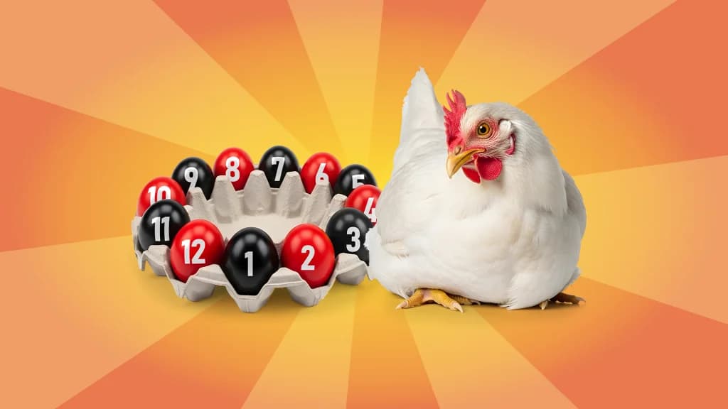 On a peach and orange background, a chicken looks toward a round carton of 12 alternating red and black numbered eggs, representing the numbers on a roulette wheel.