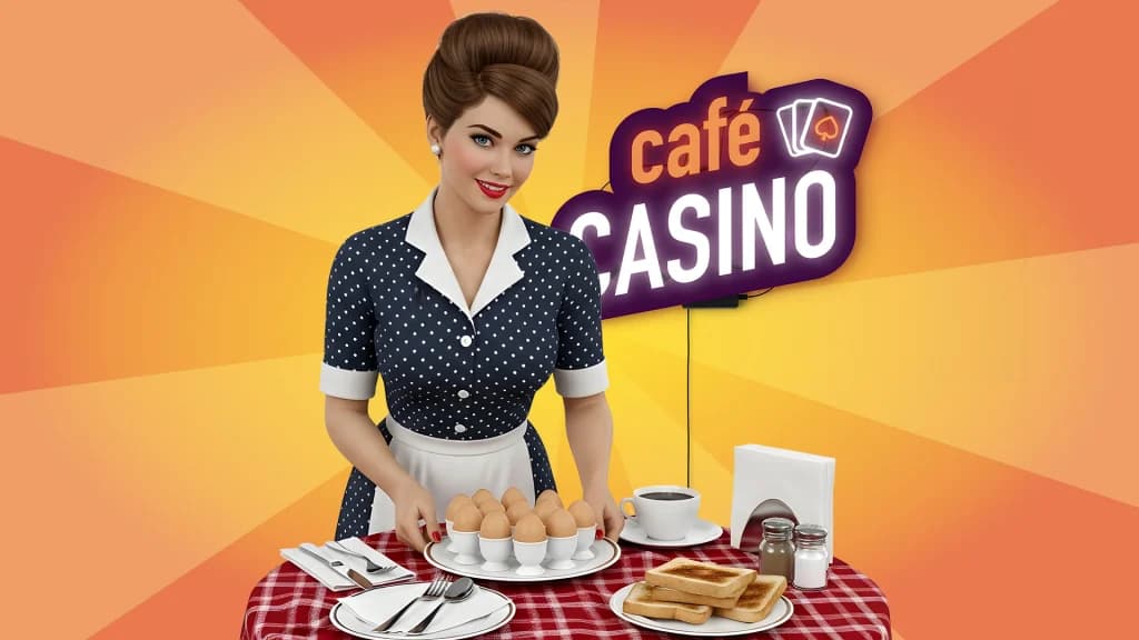 A 1960s-style waitress serves eggs for breakfast alongside toast on a classic diner table and tablecloth, with the “Cafe Casino” sign lit up behind her on a peach and orange background. 