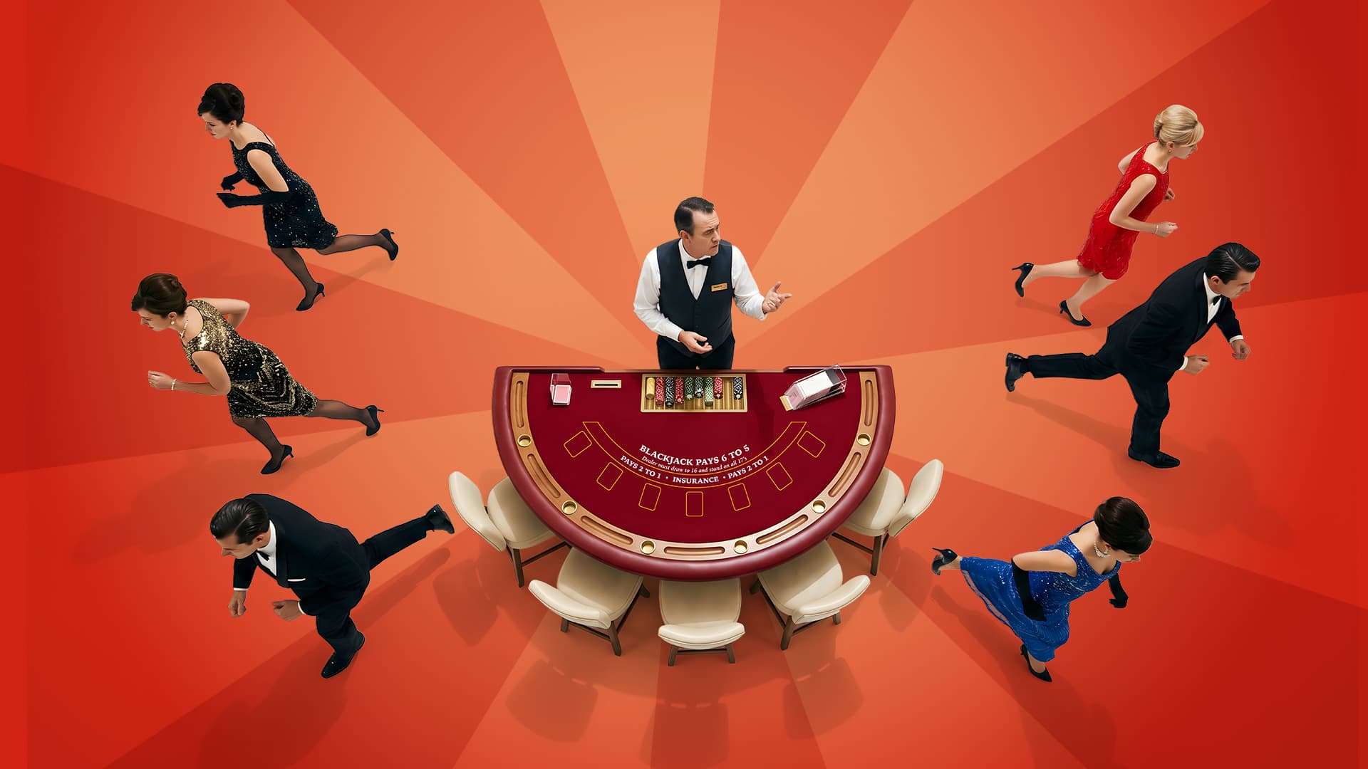 Six casino players run away from a blackjack table that pays 6:5, while the dealer appears bewildered.