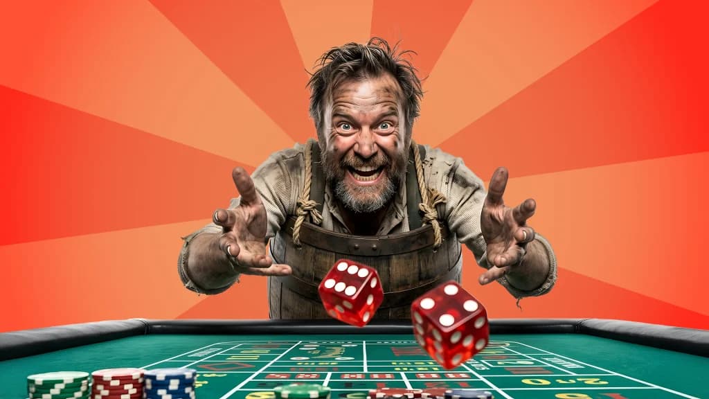 A grungy man with a beard, wearing a barrel, tosses two red dice onto a craps table, demonstrating a guide on craps strategies for a low bankroll.