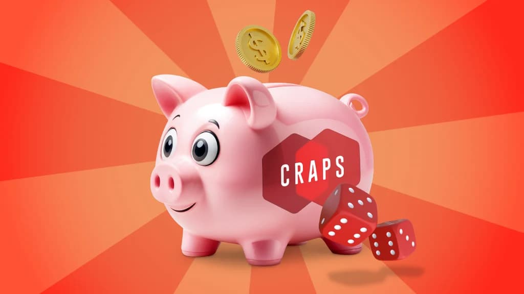 On a red-orange background, a pink piggy bank with a red Craps logo spits out two gold coins. Two red dice tumble to the right. 