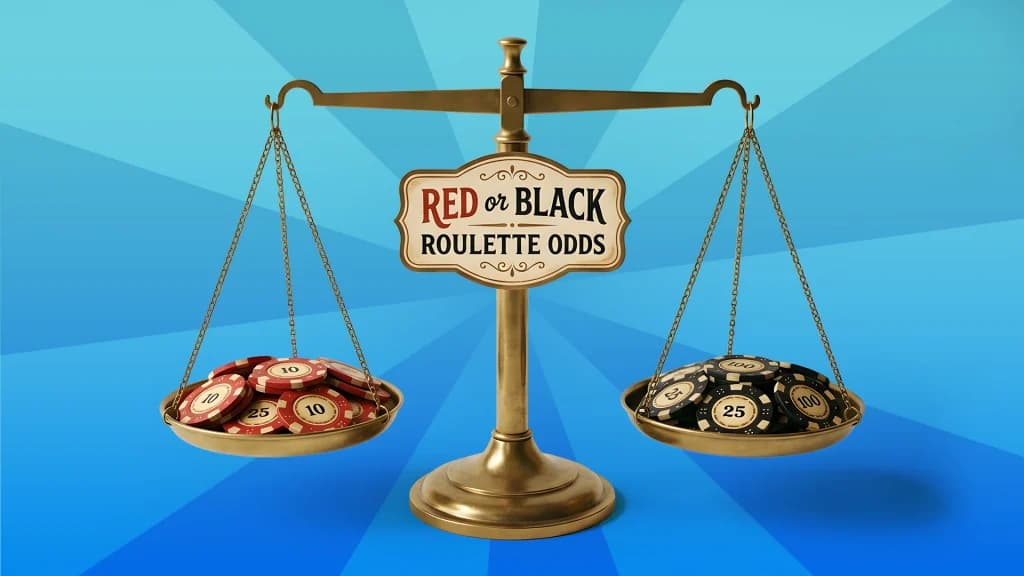In a blue image, a scale labeled “Red or Black Roulette Odds” weighs a pile of red chips against a pile of black chips. 