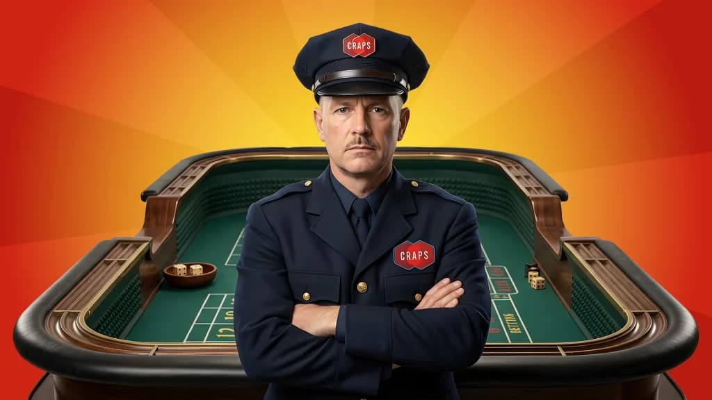 A very serious cop stands in front of a craps table on a yellow-and-orange background. He has “Craps” labels on his hat and jacket. 