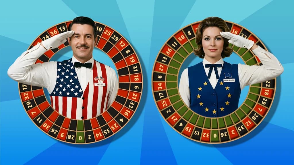 Two hollow roulette wheels are shown on a light blue background. A man in a vest showing the American flag stands in the center of the wheel on the left, representing the American roulette wheel with two green pockets. On the wheel on the right, a lady in a European Union vest demonstrates the European roulette wheel, with just one green pocket. 