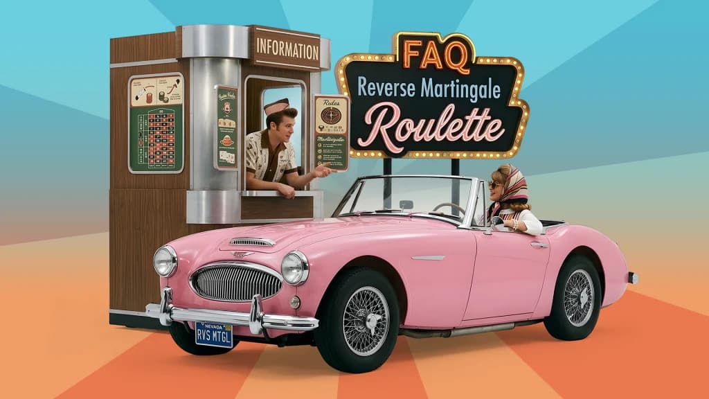 “FAQ Reverse Martingale Roulette” is displayed on a flashing neon sign. A pink convertible pulls up to an information desk, and a gentleman helps the lady answer a few questions about the strategy. 