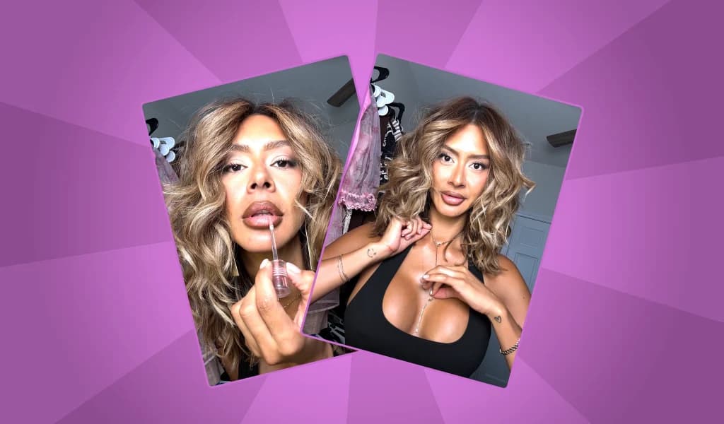 Rubi Yunuen applying lip gloss and posing in a black top, with voluminous blonde highlighted waves.