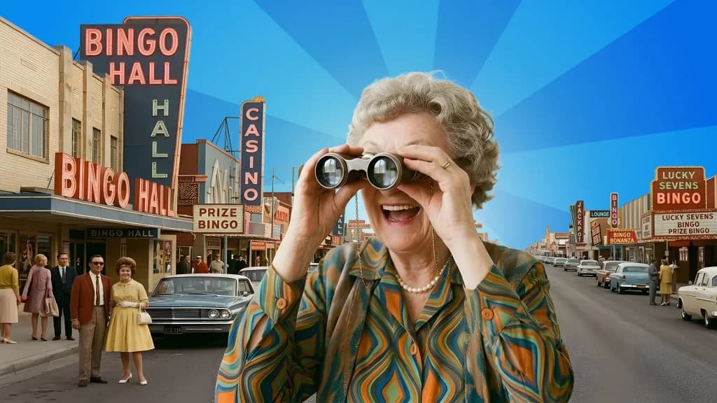 Looking through a pair of vintage binoculars, an excited, bingo-playing lady stands in a bustling street, looking for the best bingo offers. 
