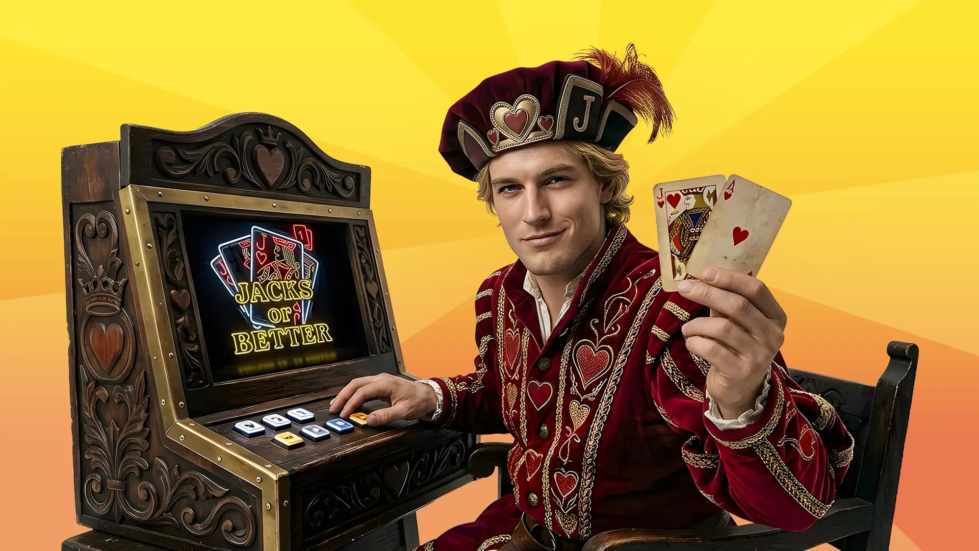 On a yellow and orange background, a man dressed as a playing card Jack holds a weathered Q and A of hearts, while playing Jacks or Better on a video poker machine.