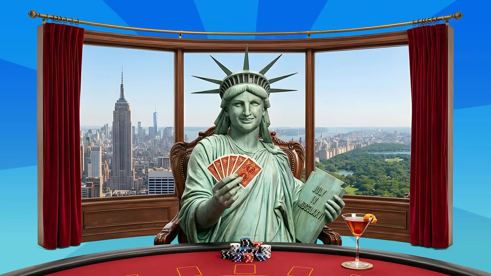 The Statue of Liberty plays blackjack at a table with stacked chips and a Manhattan cocktail. Behind her is a sprawling view of New York City. She is going to show us the 212 blackjack strategy.