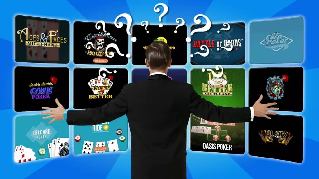 A man in a suit stands with his back to the foreground, and his arms outstretched. In front of him are 15 variants of poker and video poker on a wall, and he assesses which ones to play.