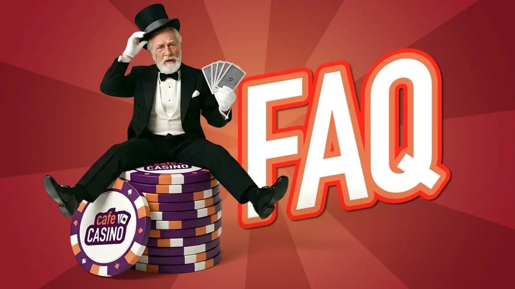 “FAQ” is shown in white and orange block letters behind a gentleman in a black tux sitting on a stack of Cafe Casino betting chips, holding four blackjack cards. 