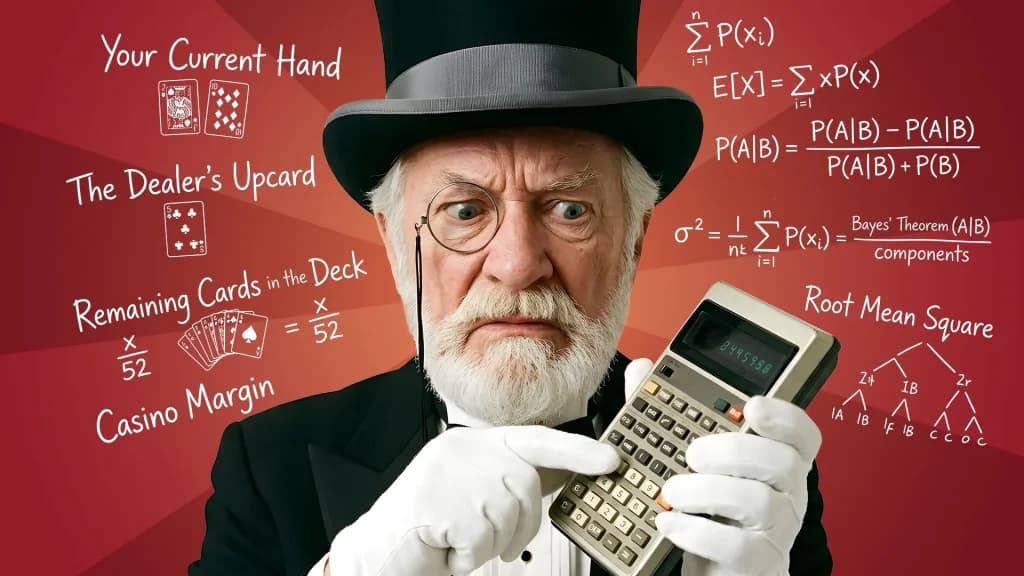 Pointing at a calculator, a gentleman with a monocle and white gloves contemplates the math equation behind the early payout blackjack offer, with the equations playing out behind him on a red background. 