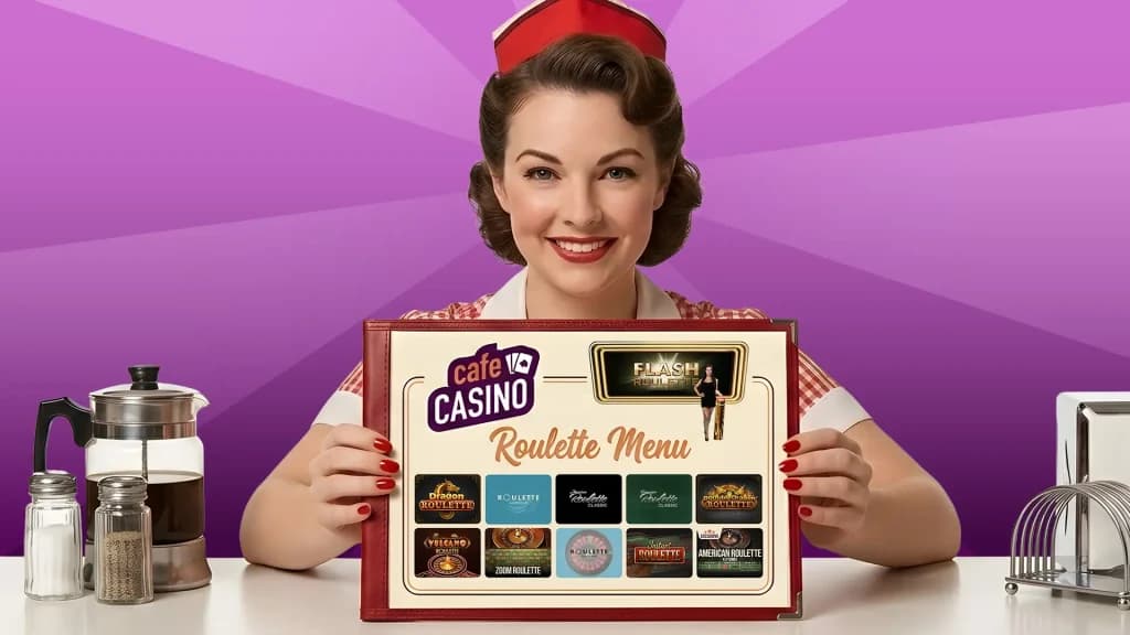 A diner waitress holds up a roulette menu showing a broad selection of roulette games available at the best roulette site.