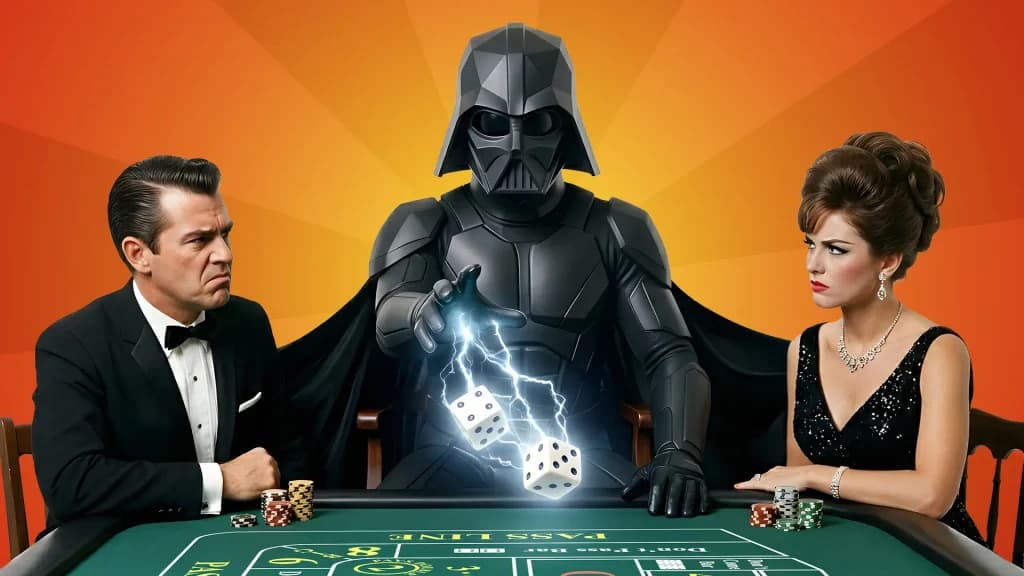 Darth Vader tosses two dice onto the craps table, leaving a trail of electricity. A man and a woman glare at one another, showing the social downsides of betting on the dark side in craps. 