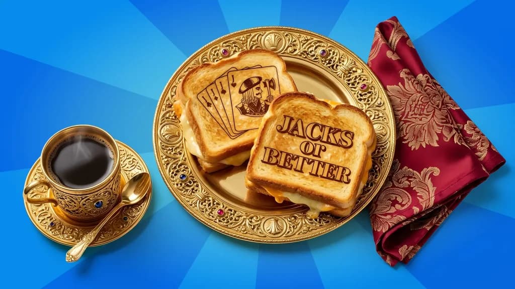 Gold plates hold a coffee and a grilled cheese sandwich that says “Jacks or Better,” showing that this version of video poker is the most reliable. 
