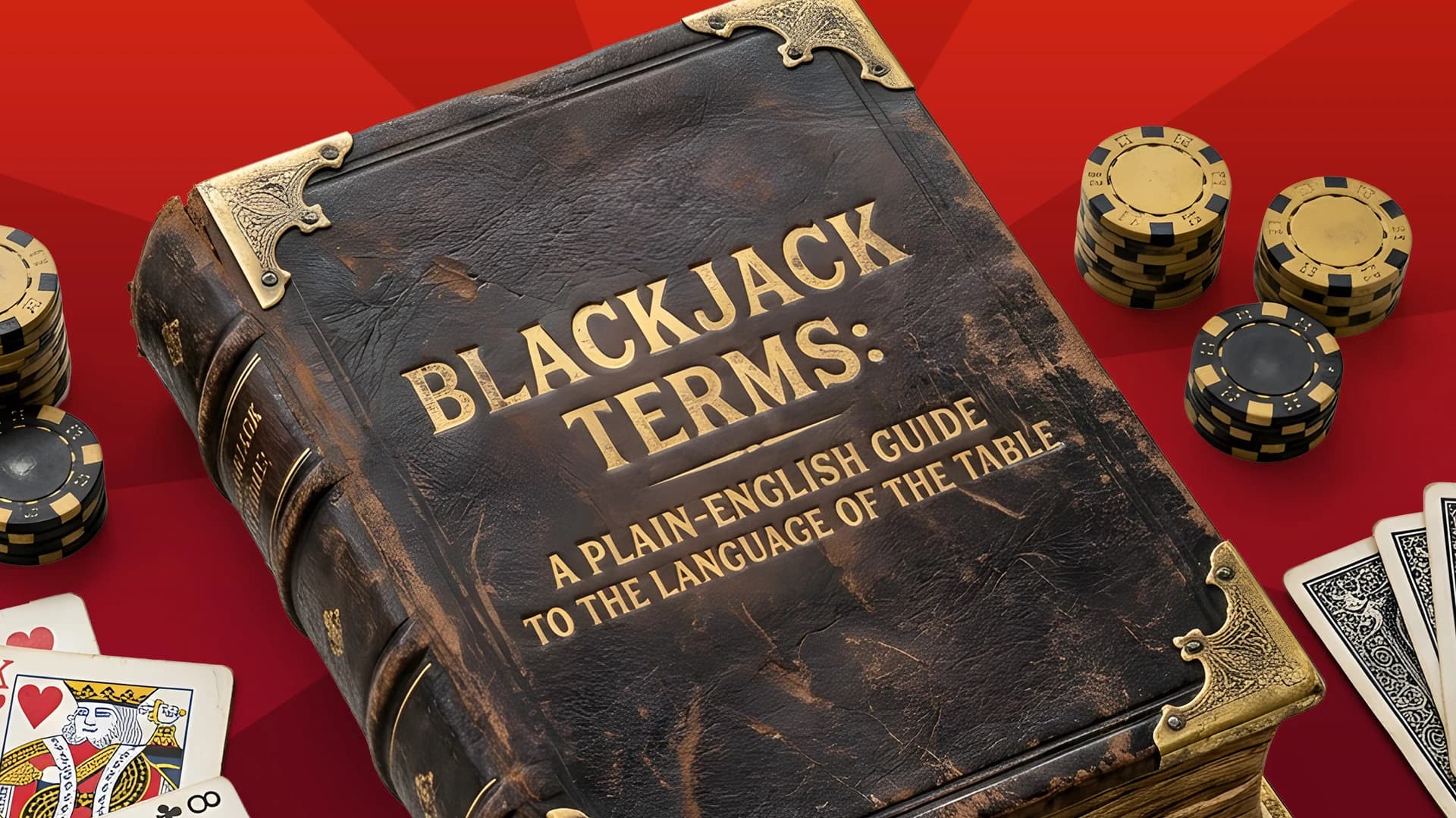 A weathered leather glossary labeled “Blackjack Terms: A Plain-English Guide to the Language of the Table” rests on a red table, with cards and betting chips surrounding it.
