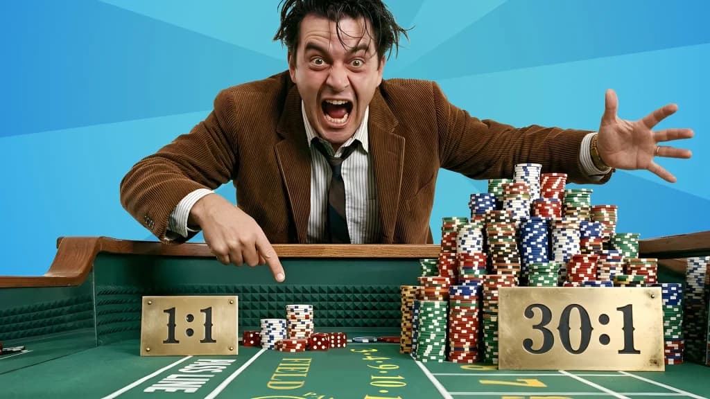 Piles of chips are stacked on either side of a green felt. On the left, a small stack says, “1:1.” On the right, a larger stack says, “30:1,” each representing the lowest and highest end of craps payouts. 