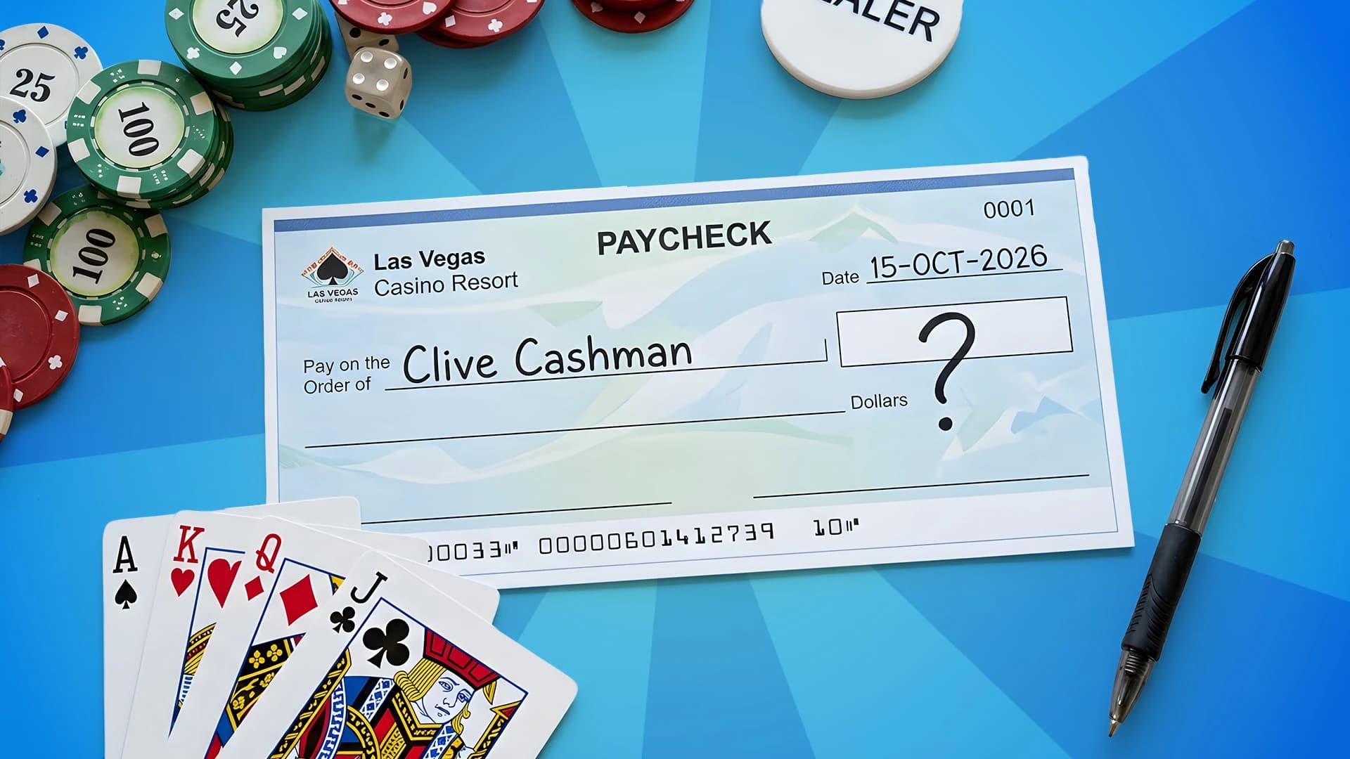 On a blue background, a blank check is made out to casino dealer Clive Cashman. Betting chips and playing cards are stacked around the check.