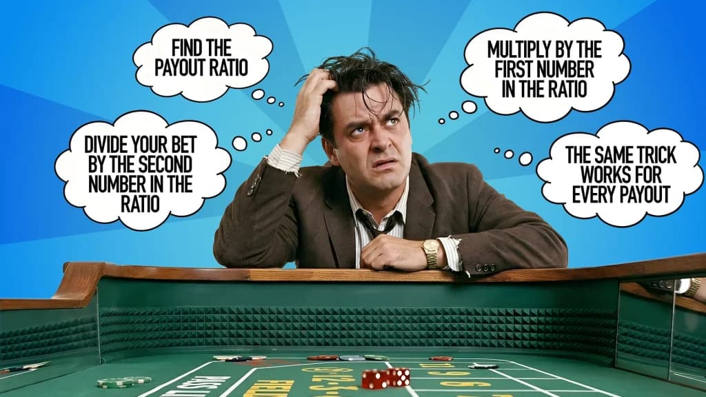 On a blue background with a green-felt craps table, a man in a brown suit scratches his head, pondering the way to calculate your craps payout. 